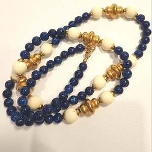 Vintage Necklace Blue White‎ Gold Colored Beads